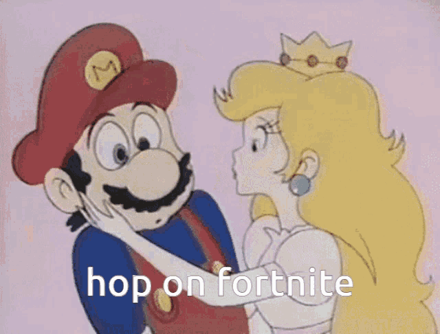 a cartoon of mario and princess peach kissing with the words hop on fortnite above them