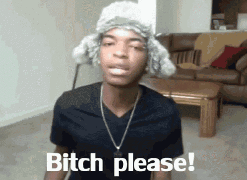 a man wearing a furry hat and a necklace says bitch please
