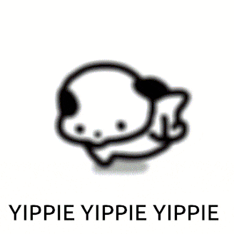 a black and white drawing of a dog with the words yippie yippie yippie written below it .