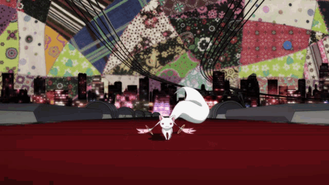a cartoon character is standing on a red floor in front of a cityscape
