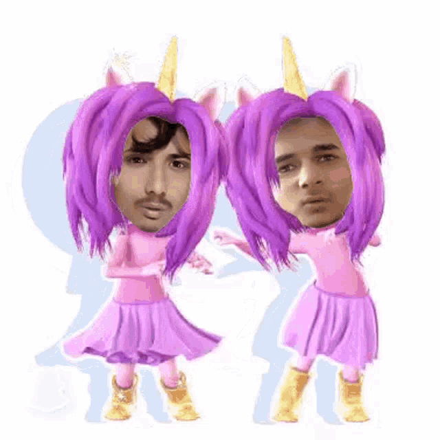 a man and a woman are dressed up as unicorns with their faces on their heads .