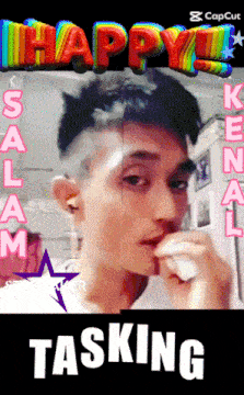 a picture of a man with the words happy selamat tasking behind him