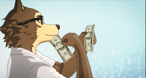 a cartoon character is holding a 100 dollar bill in his hand