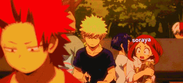 a group of anime characters are standing next to each other and one of them has a red hair .