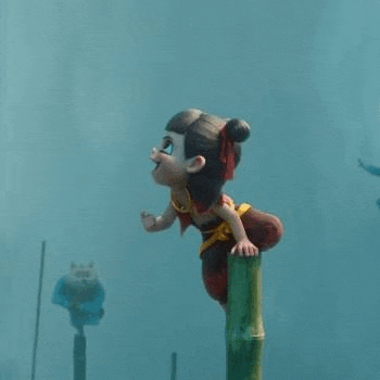a cartoon character is sitting on a bamboo pole in the water .