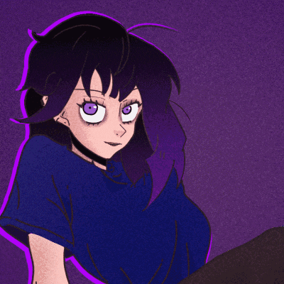 a drawing of a girl with purple hair