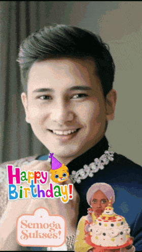 a man holding a birthday cake with the words happy birthday written on it