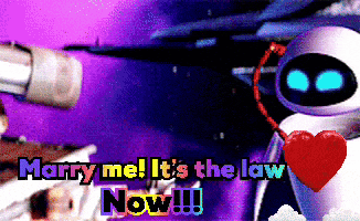 wall e is holding a red heart with the words marry me it 's the law now