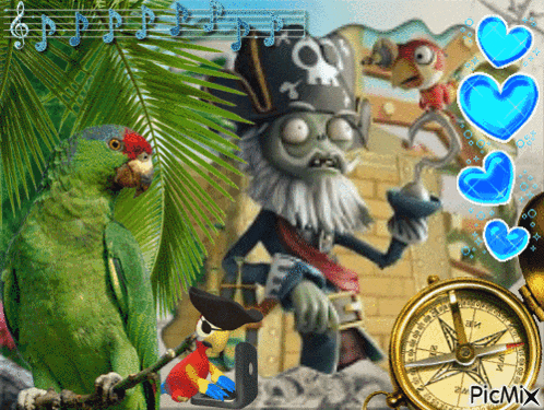 a picture of a pirate with a parrot and a compass that says picmix on the bottom