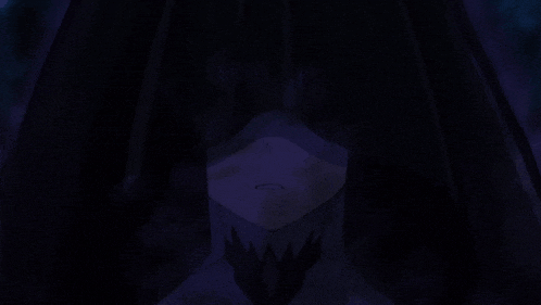 a person in a dark room with a purple curtain behind them