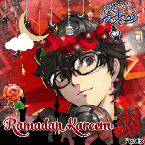 a picture of a boy wearing headphones and a flower crown with the words ramadan kareem on the bottom