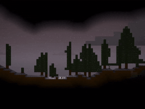 a pixel art of a snowy forest with trees and snow falling