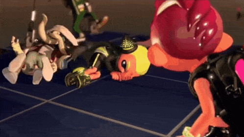 a group of cartoon characters are laying on their stomachs on a blue surface .