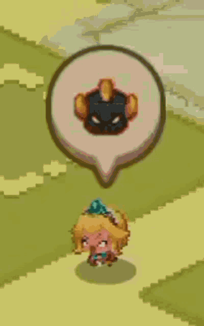 a pixel art drawing of a girl with a speech bubble above her head and a mask on her head .