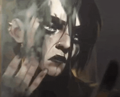 a close up of a painting of a woman 's face with smoke coming out of her eyes .