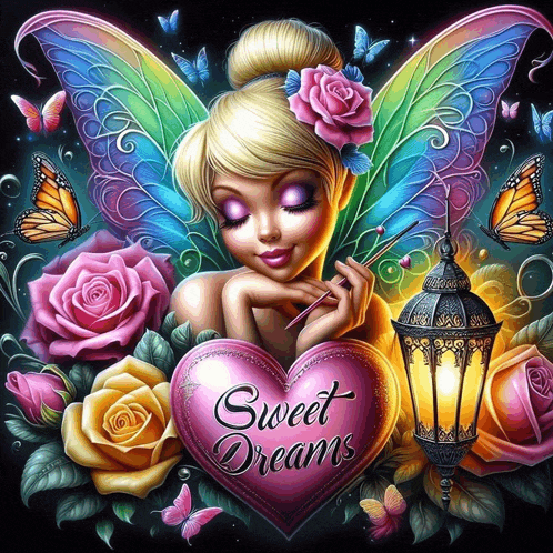 a painting of a fairy holding a heart that says sweet dreams