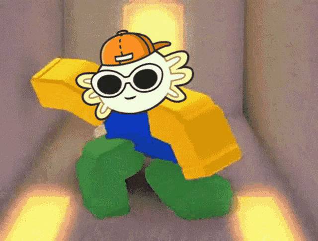 a cartoon character wearing sunglasses and a hat with the letter t on it