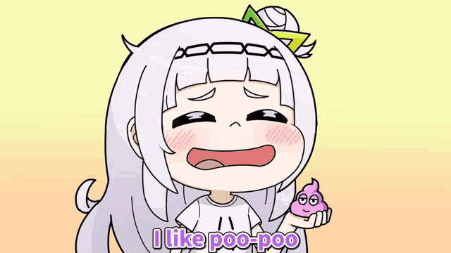 a cartoon of a girl holding a pink poop with the words " i like poo-poo " below her