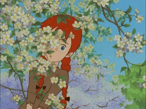 a cartoon girl with red hair is standing under a tree with flowers on it