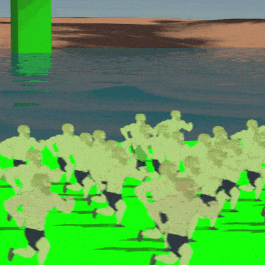a bunch of people running on a green background