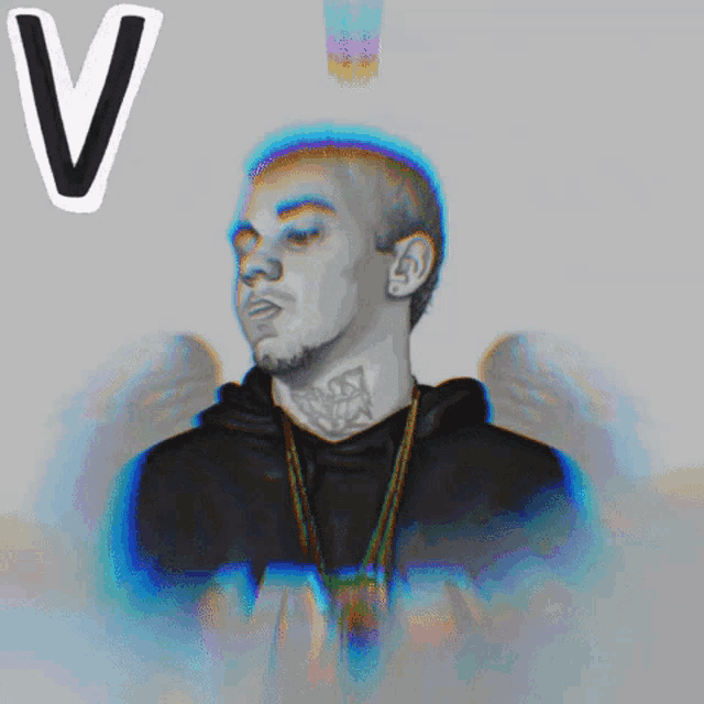 a drawing of a man with the letter v in the corner