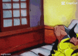 a cartoon of wolverine is laying on a bed in a room .