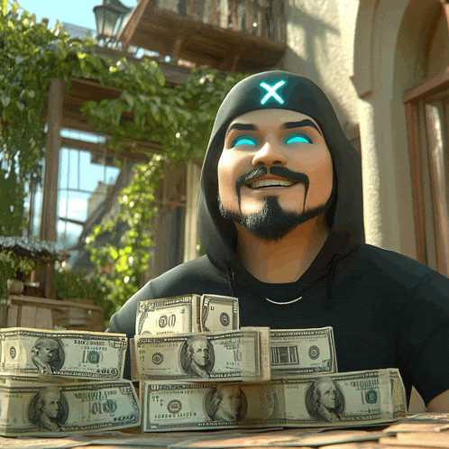 a man wearing a black hoodie with an x on it holds stacks of money