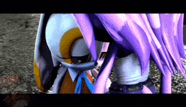 a cartoon character with purple wings is standing next to another cartoon character