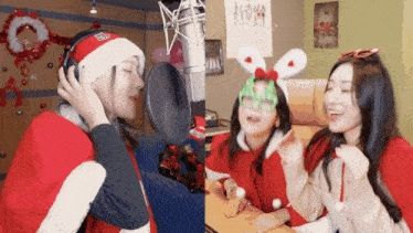 a woman wearing a santa hat with the letter s on it