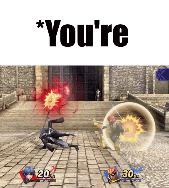 a video game with captain falcon and byleth fighting