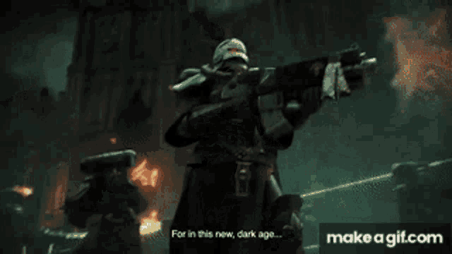 a video game character is holding a gun and says for in this new dark age