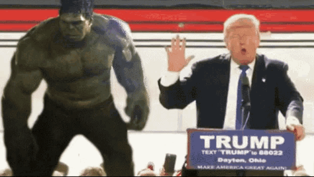 hulk and trump are standing next to each other