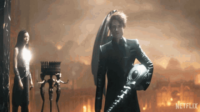 a man holding a sword in front of a woman and a sign that says netflix