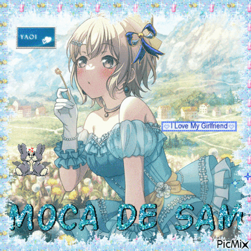 a picture of a girl in a blue dress with the name moca de san