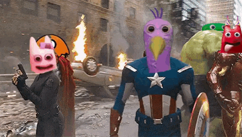 a group of cartoon characters are standing next to each other in front of a burning building .