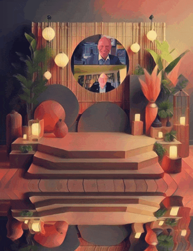 a painting of a stage with a man in a suit behind it
