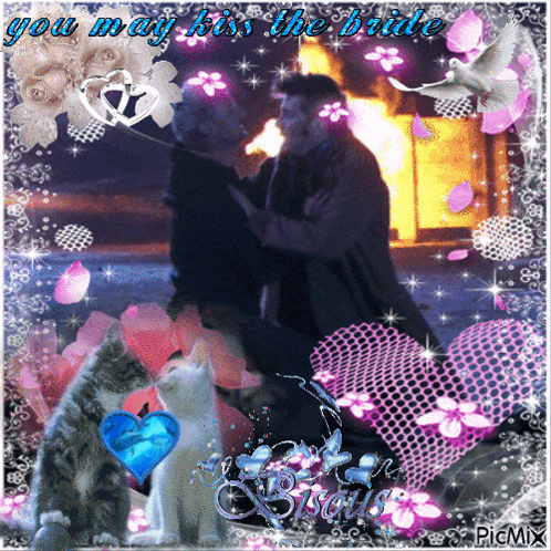 a picture of a man kissing another man with the words you may kiss the bride