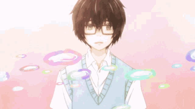 a boy with glasses and a vest is surrounded by bubbles