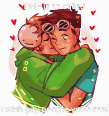 a drawing of a man hugging another man with the caption dnf is so cute i wish gay people were real