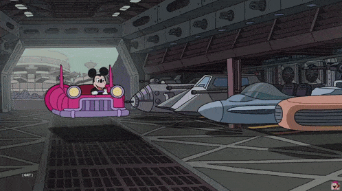 a cartoon mickey mouse is driving a pink car with a sign that says except for mickey