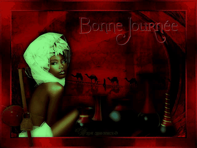 a picture of a woman with the words " bonne journee " on it