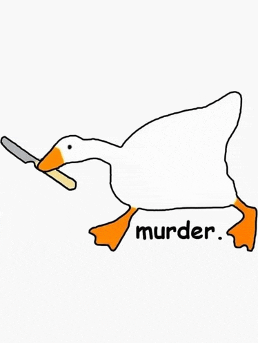 a goose is holding a knife in its beak and the word murder is on the bottom .
