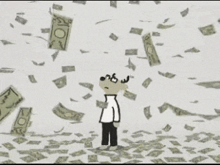 a cartoon of a man standing in a field of money .