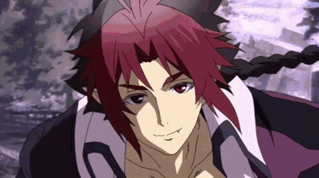 a close up of a cartoon character with red hair and red eyes