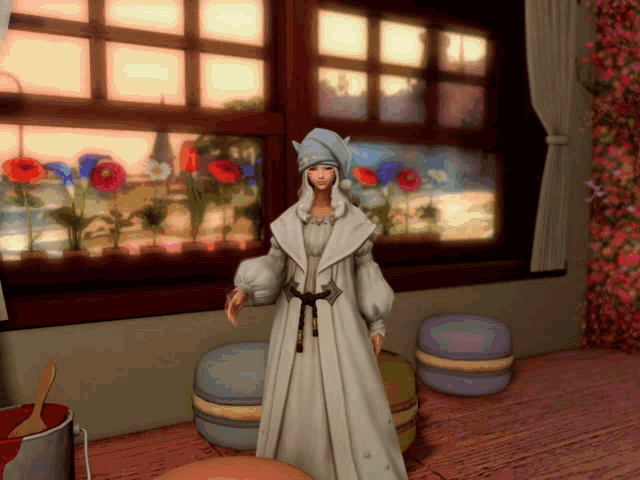 a woman in a white robe and a blue hat stands in front of a window