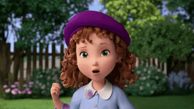 a cartoon girl is wearing a purple hat and a blue shirt