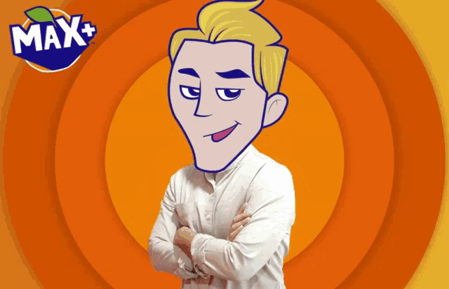 a cartoon man with his arms crossed in front of a max logo
