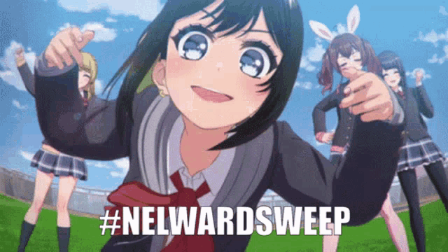 a group of anime girls standing in a field with the hashtag #nelwardsweep on the bottom