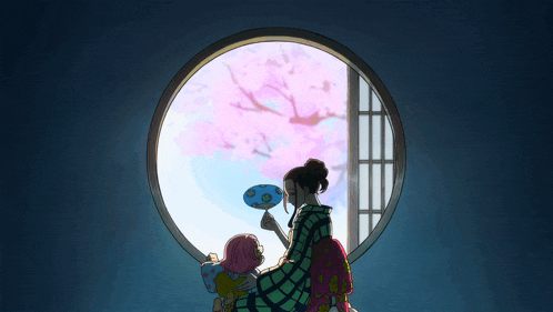 a woman in a kimono looks out of a window at a cartoon scene