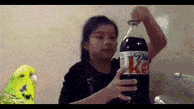 a girl is holding a bottle of diet coke in front of a parrot